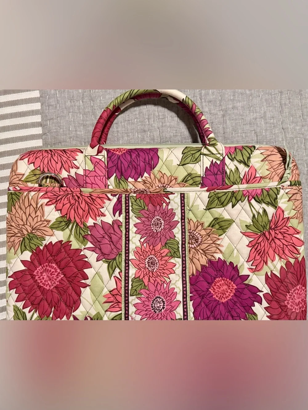 Vera Bradley Pink and Green Floral Quilted Laptop Tote w/ strap